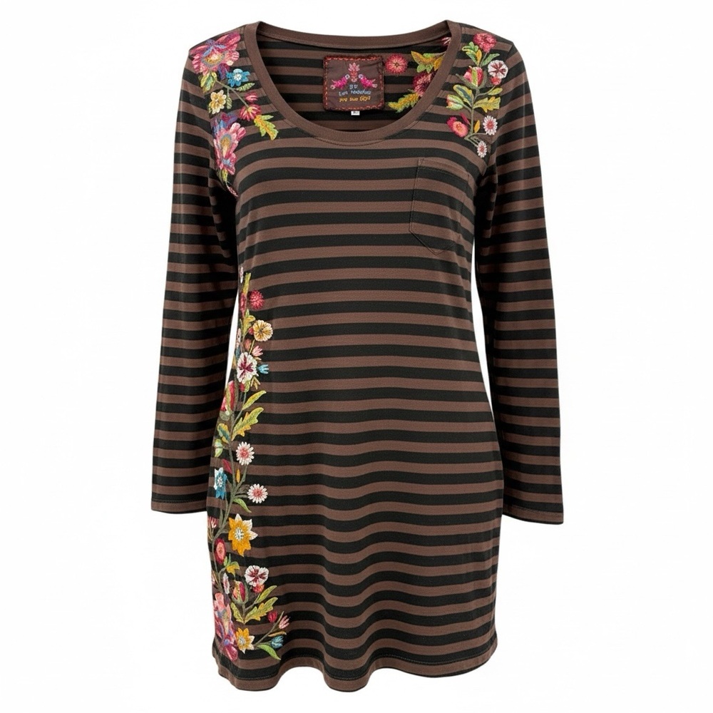 Johnny Was Brown and Black Striped Floral Embroidered Tunic